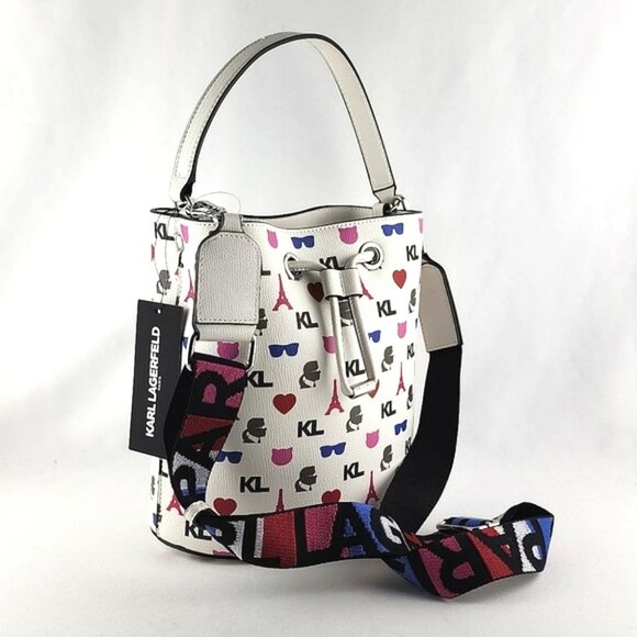 Karl Lagerfeld Paris Crossbody Bucket Bag White Pink - Picture 4 of 16